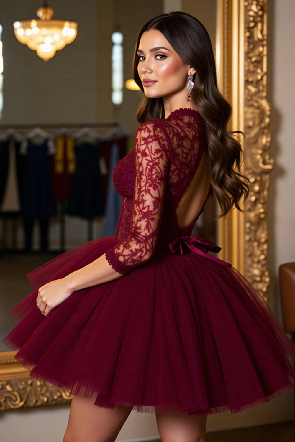 Burgundy Tulle A Line Short Corset Homecoming Dress with Lace