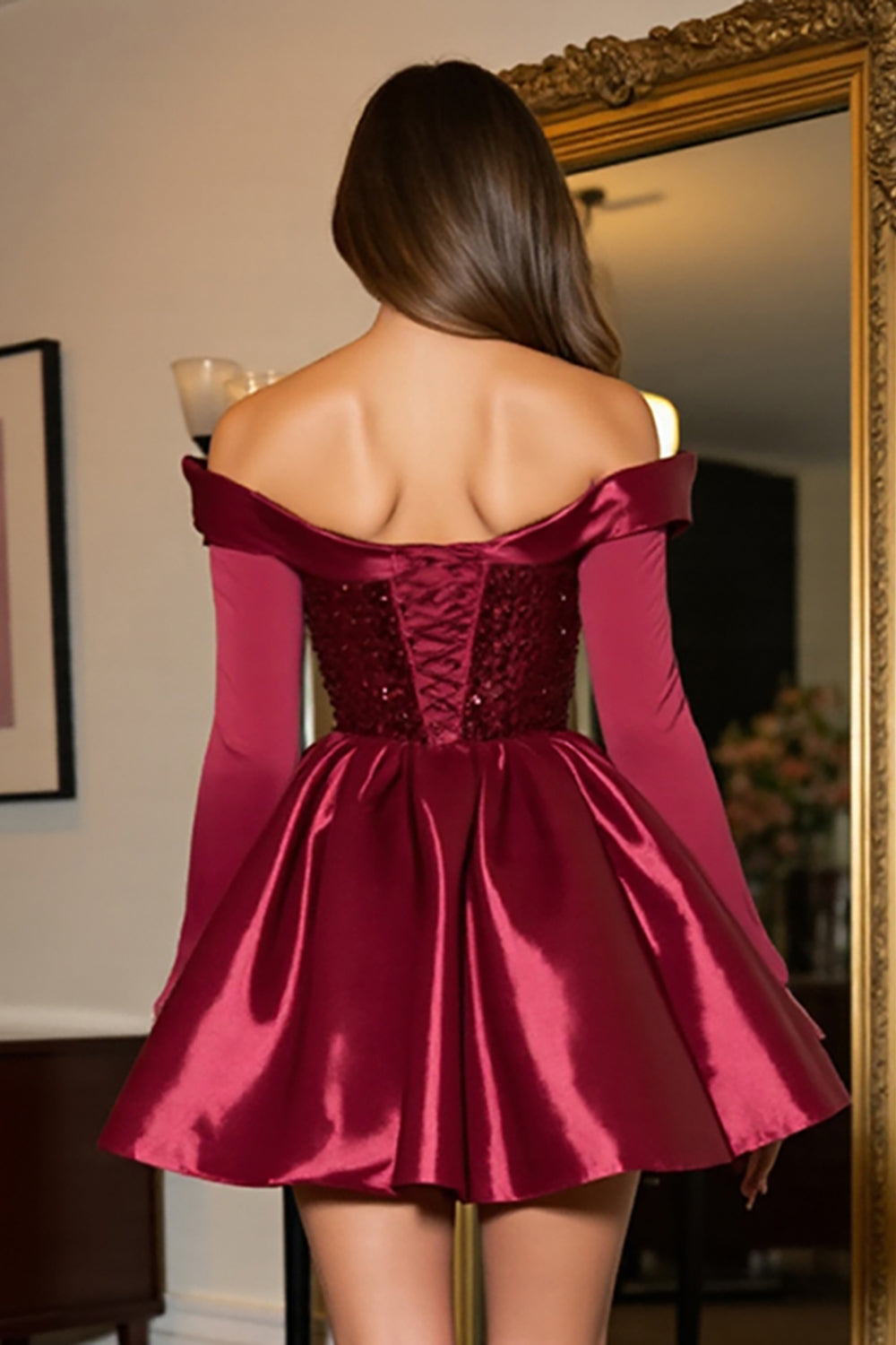 Sparkly Burgundy A Line Short Corset Homecoming Dress with Sleeves