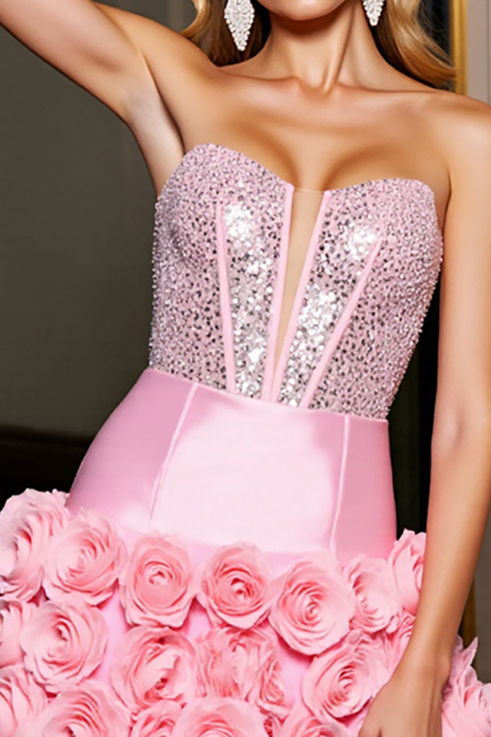 Sparkly Pink Tight Corset Short Satin Homecoming with Flowers