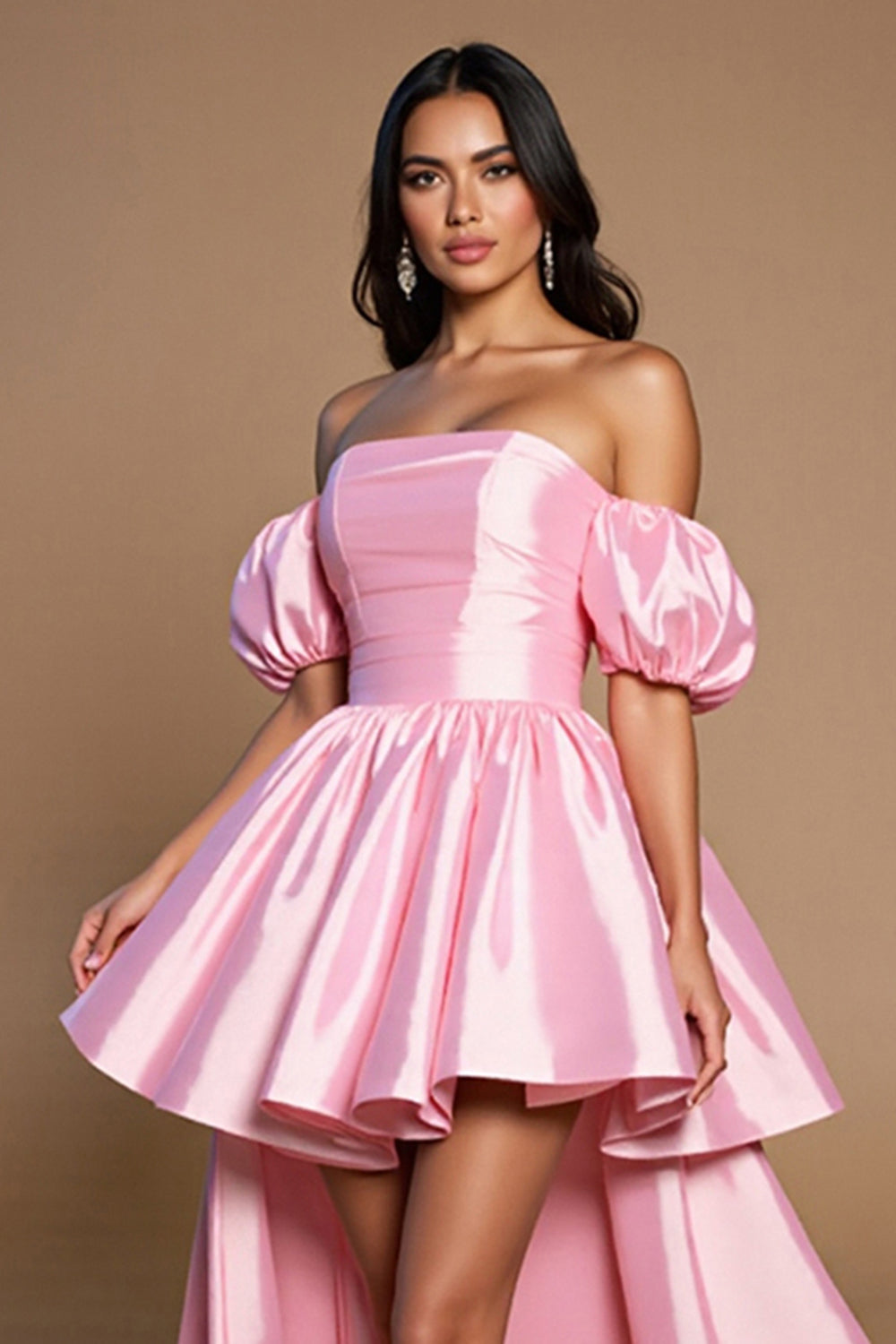 Pink A Line Off the Shoulder Satin Short Homecoming Dress with Bow