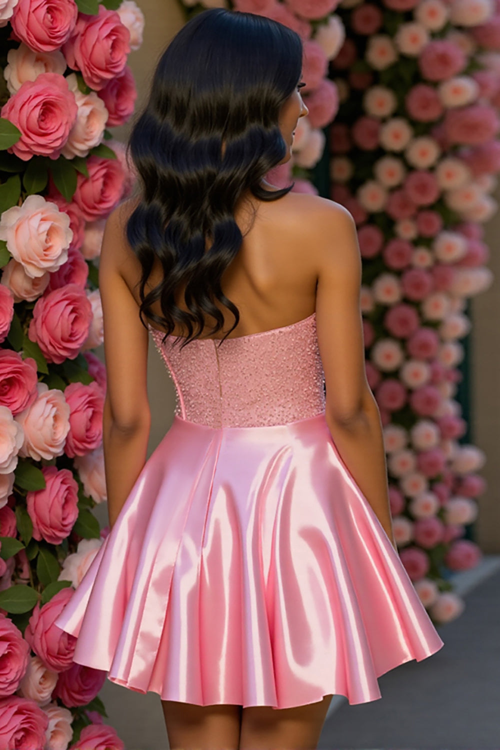 Sparkly Pink A Line Satin Corset Short Homecoming Dress