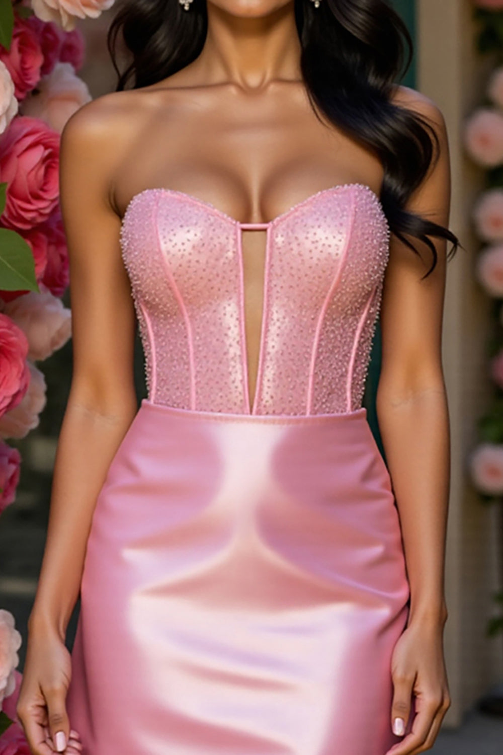 Sparkly Pink Satin Short Corset Homecoming Dress with Keyhole