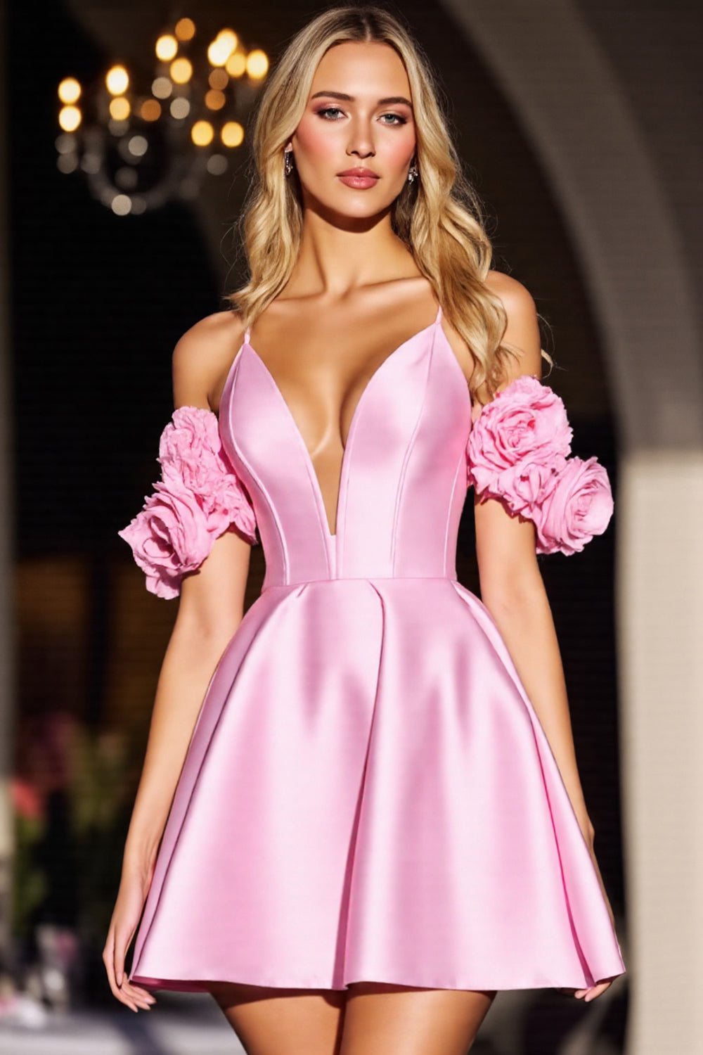 Pink Satin Floral Corset Short Homecoming Dress