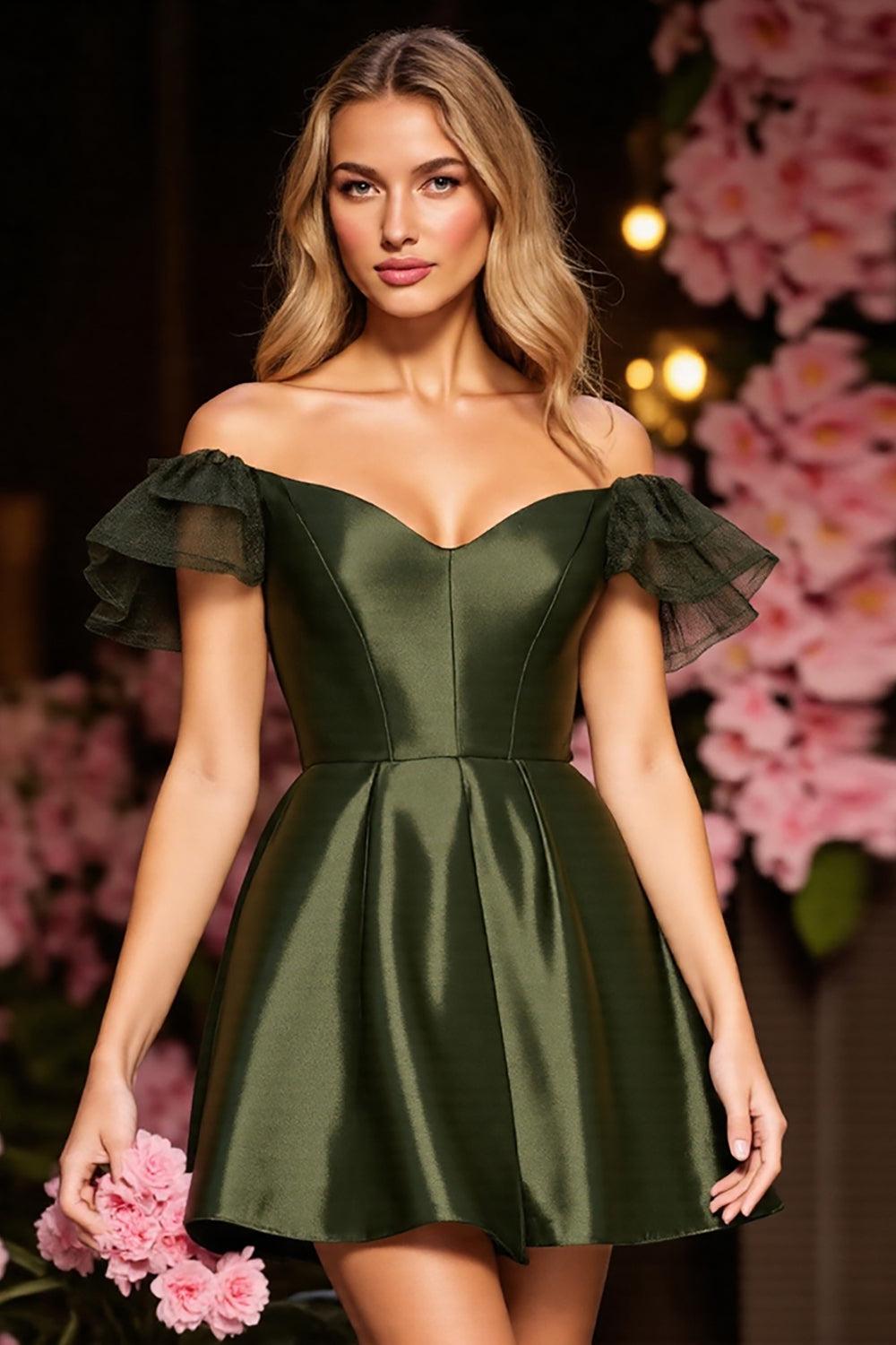 Army Green Satin Short Corset Homecoming Dress with Ruffles