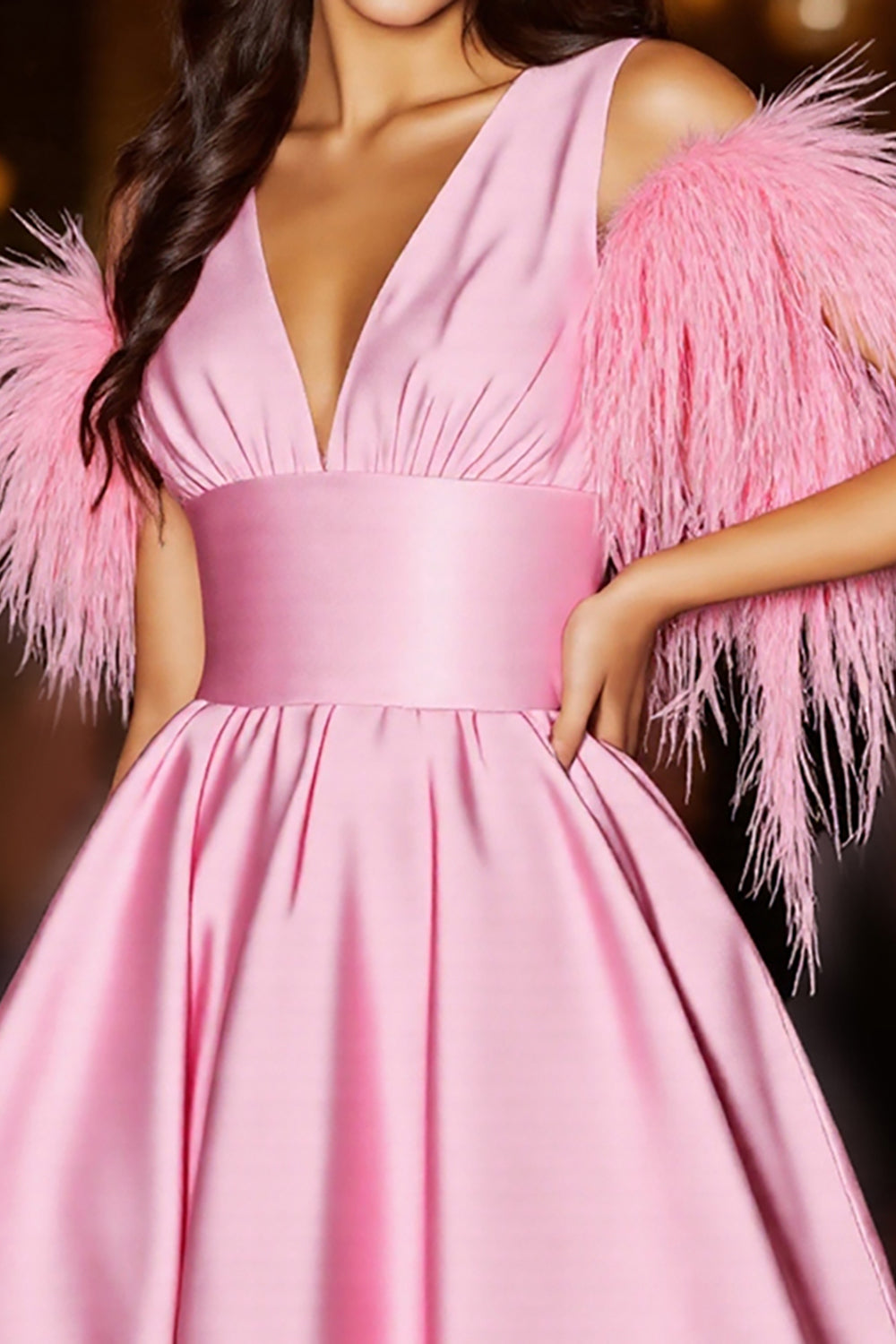 Pink V-Neck Short Satin Homecoming Dress with Feathers