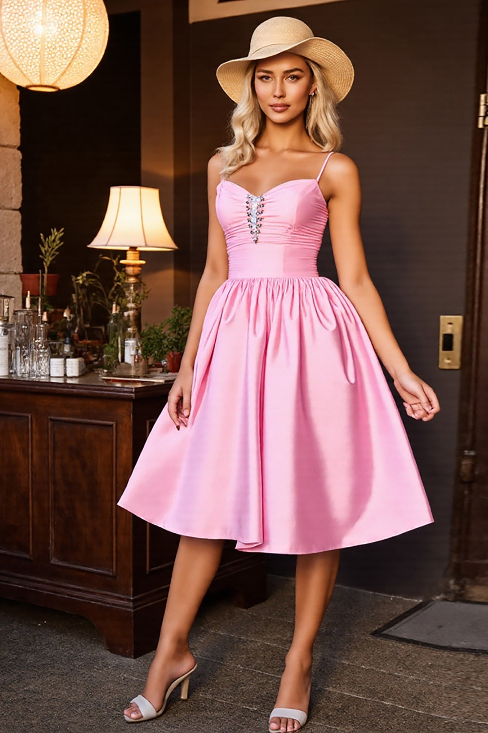Pink A Line Satin Ruched Midi Homecoming Dress