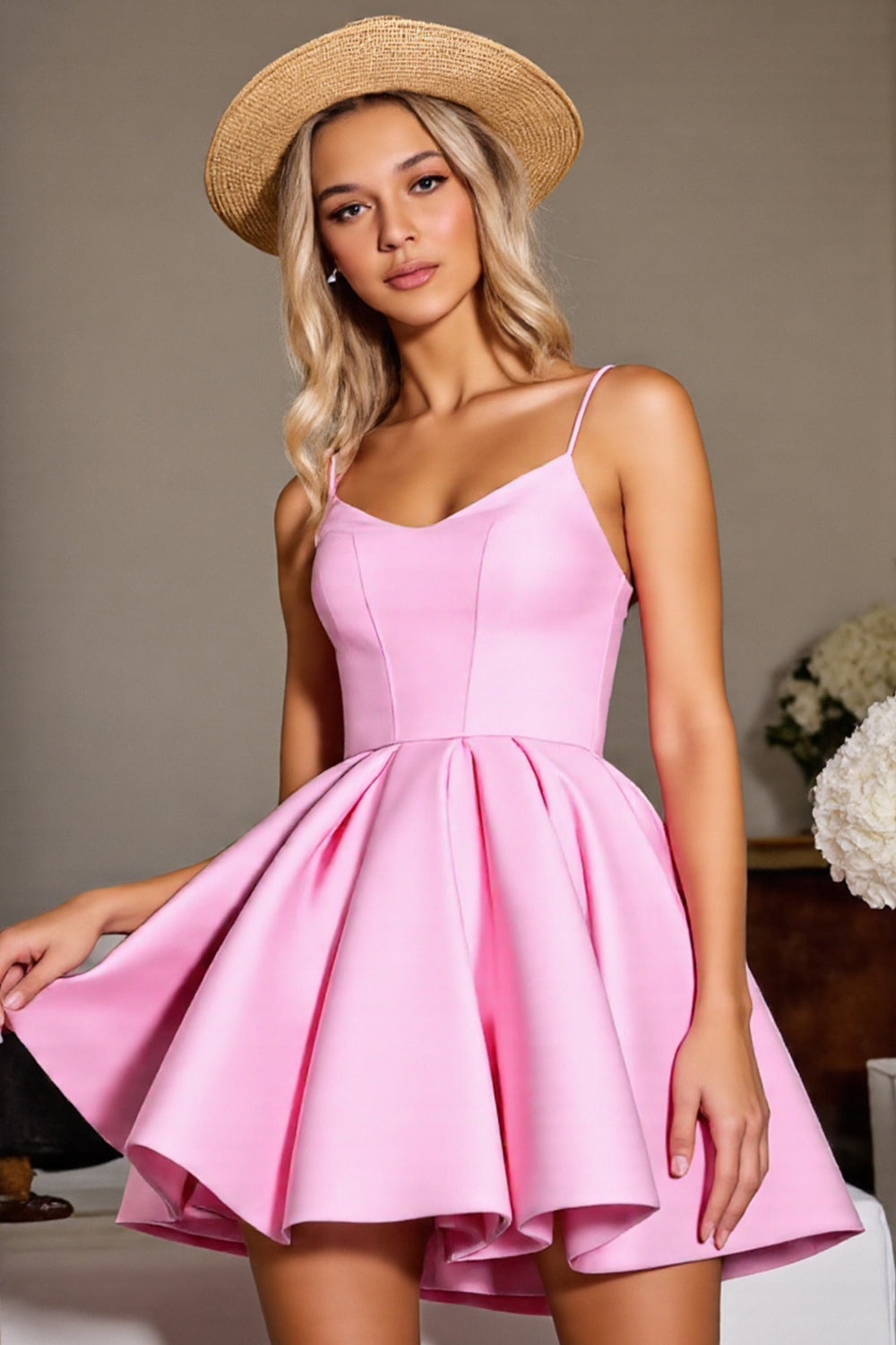 Pink Satin A Line Corset Short Homecoming Dress