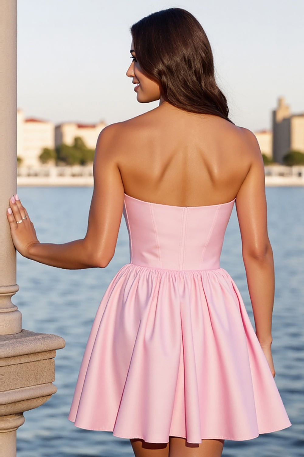 Pink Satin A Line Strapless Short Corset Homecoming Dress