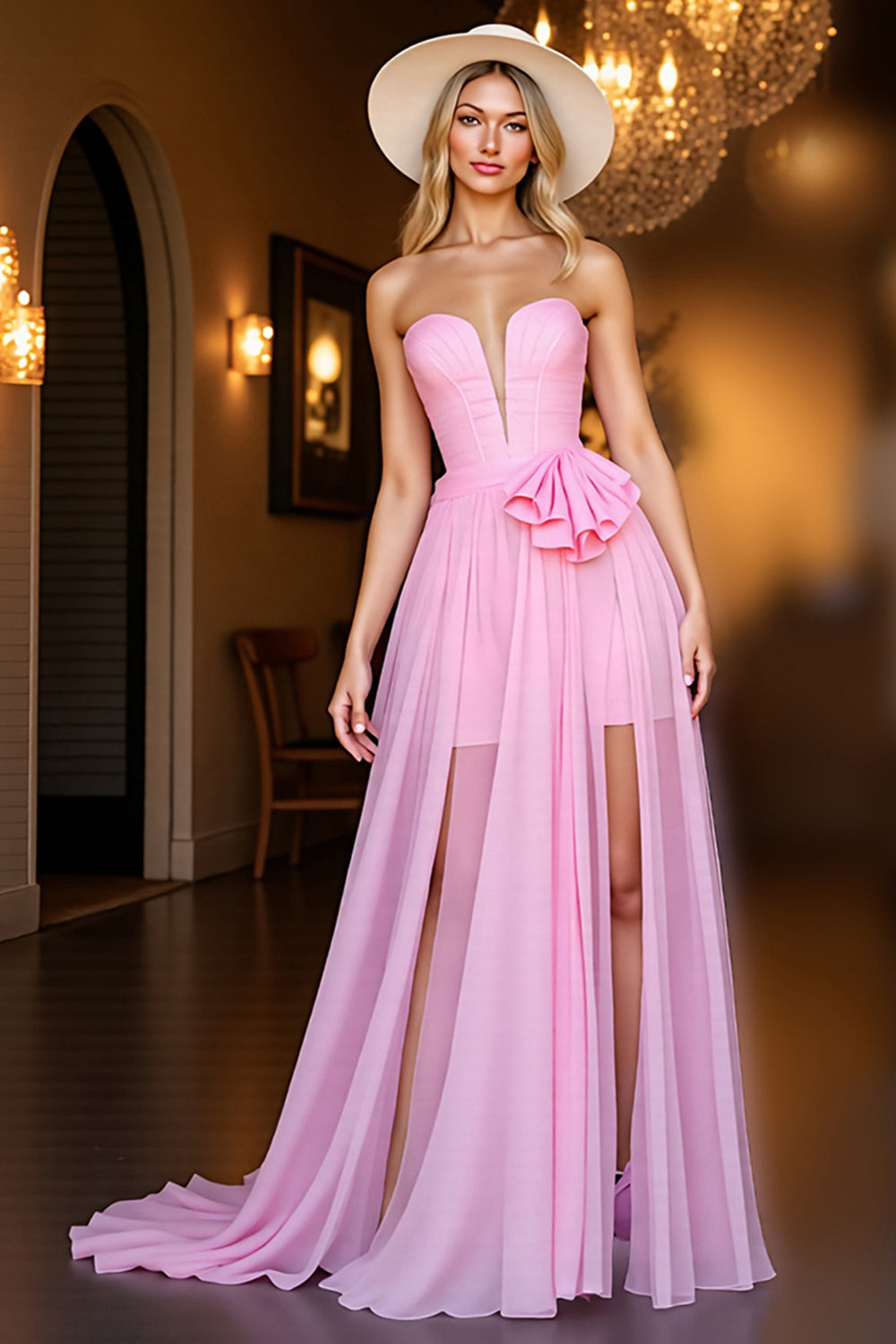 Pink Ruffled Corset Chiffon Long Homecoming Dress with Ruffles