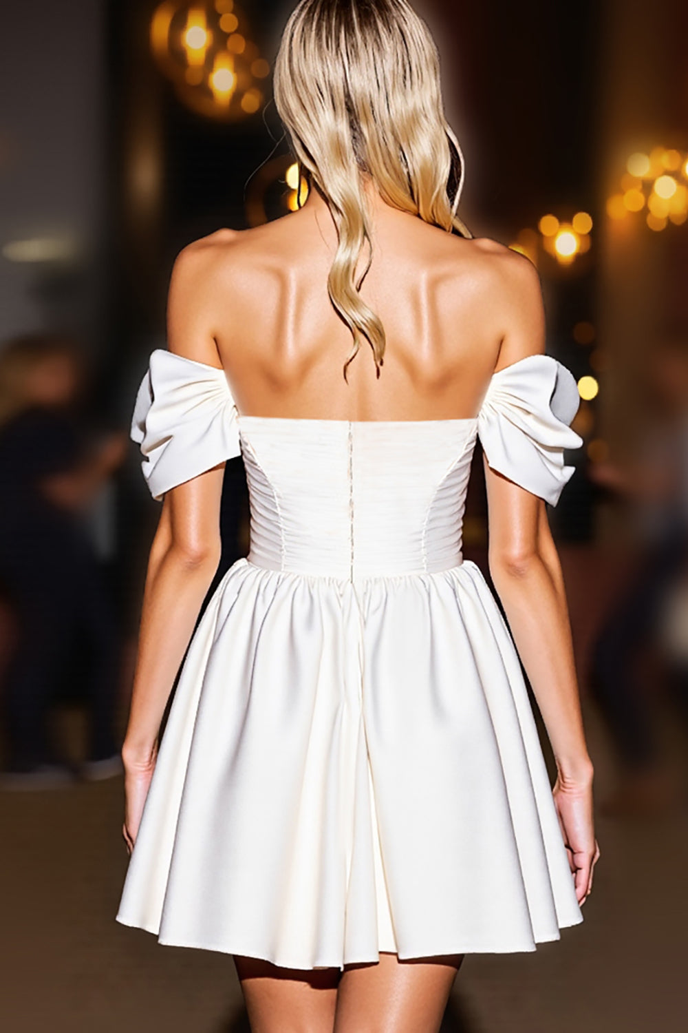 White A Line Off the Shoulder Satin Short Homecoming Dress with Ruffles