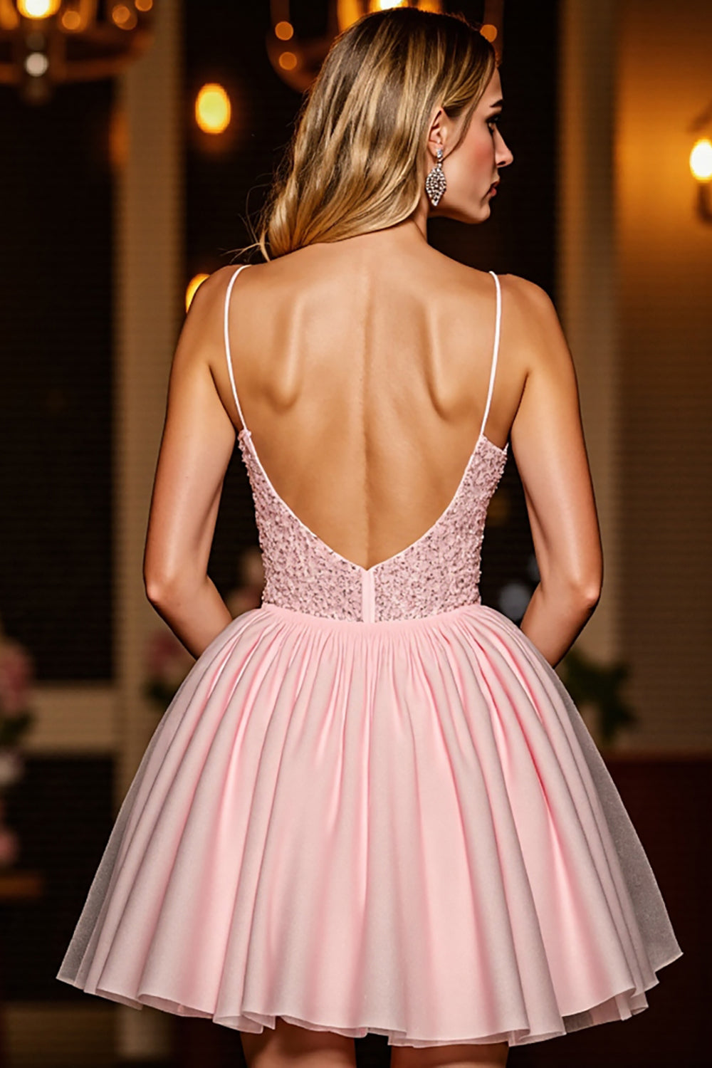Sparkly Blush Tulle Short Corset Homecoming Dress with Sequins