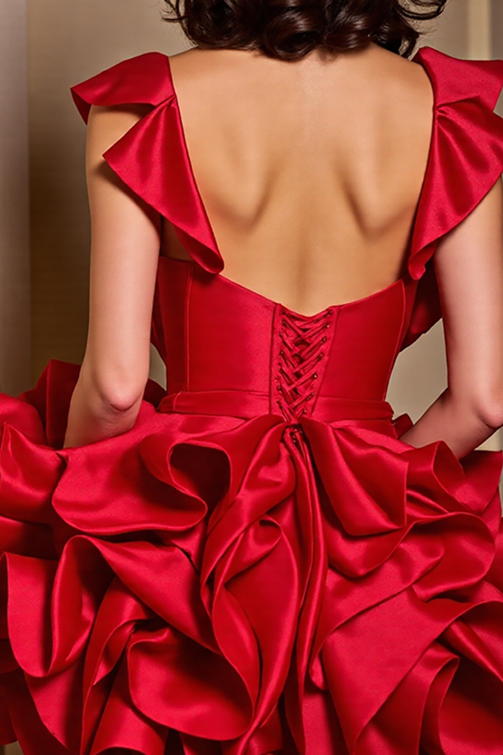 Sparkly Red Satin Corset Short Beaded Homecoming Dress with Ruffles