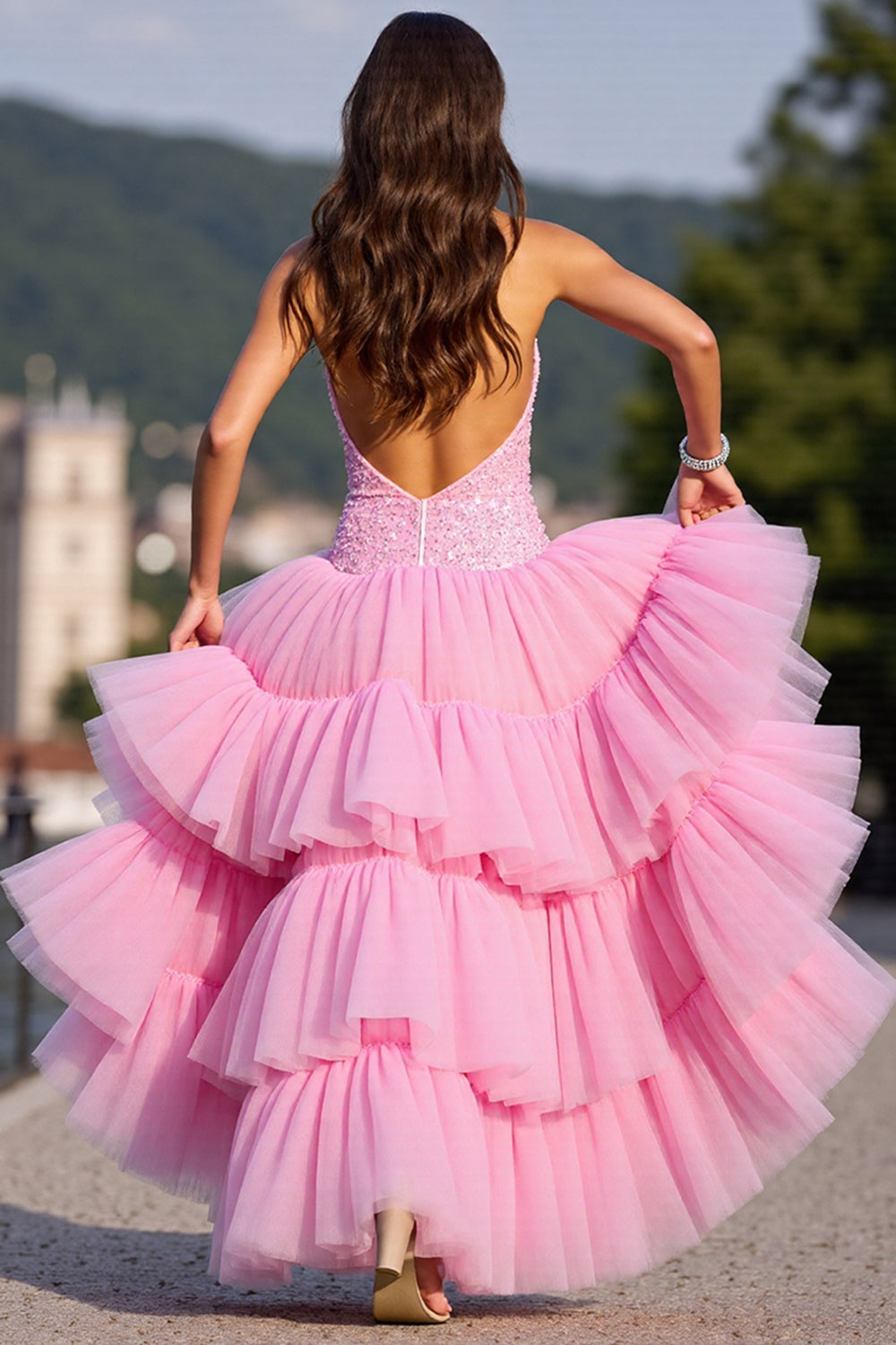 Sparkly Pink Ruffled Corset High-Low Tulle Homecoming Dress with Beading