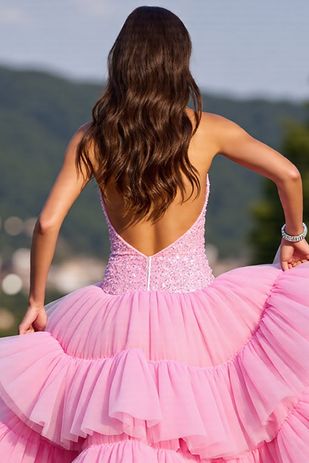 Sparkly Pink Ruffled Corset High-Low Tulle Homecoming Dress with Beading