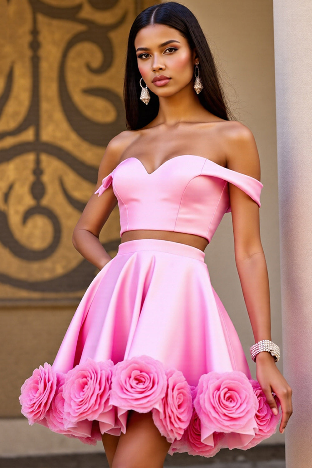 Floral Pink Satin Off the Shoulder 2 Piece Short Homecoming Dress