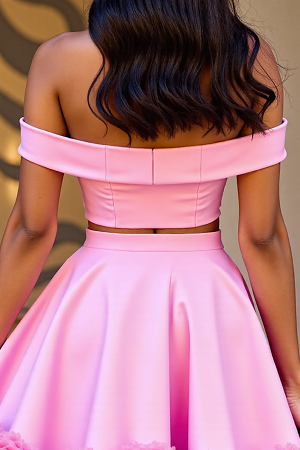Floral Pink Satin Off the Shoulder 2 Piece Short Homecoming Dress