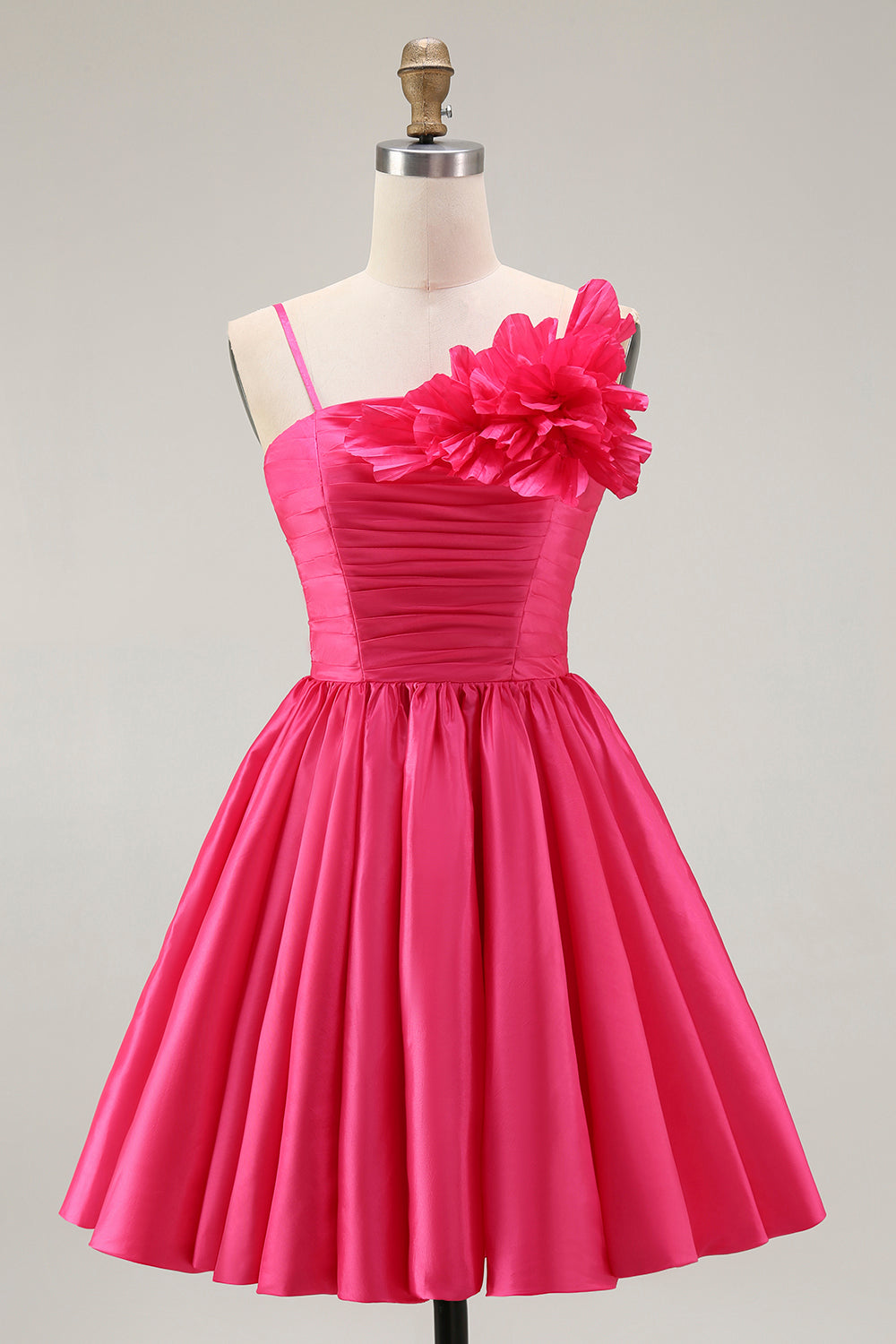 Floral Fuchsia Satin A Line Short Homecoming Dress with Ruffles