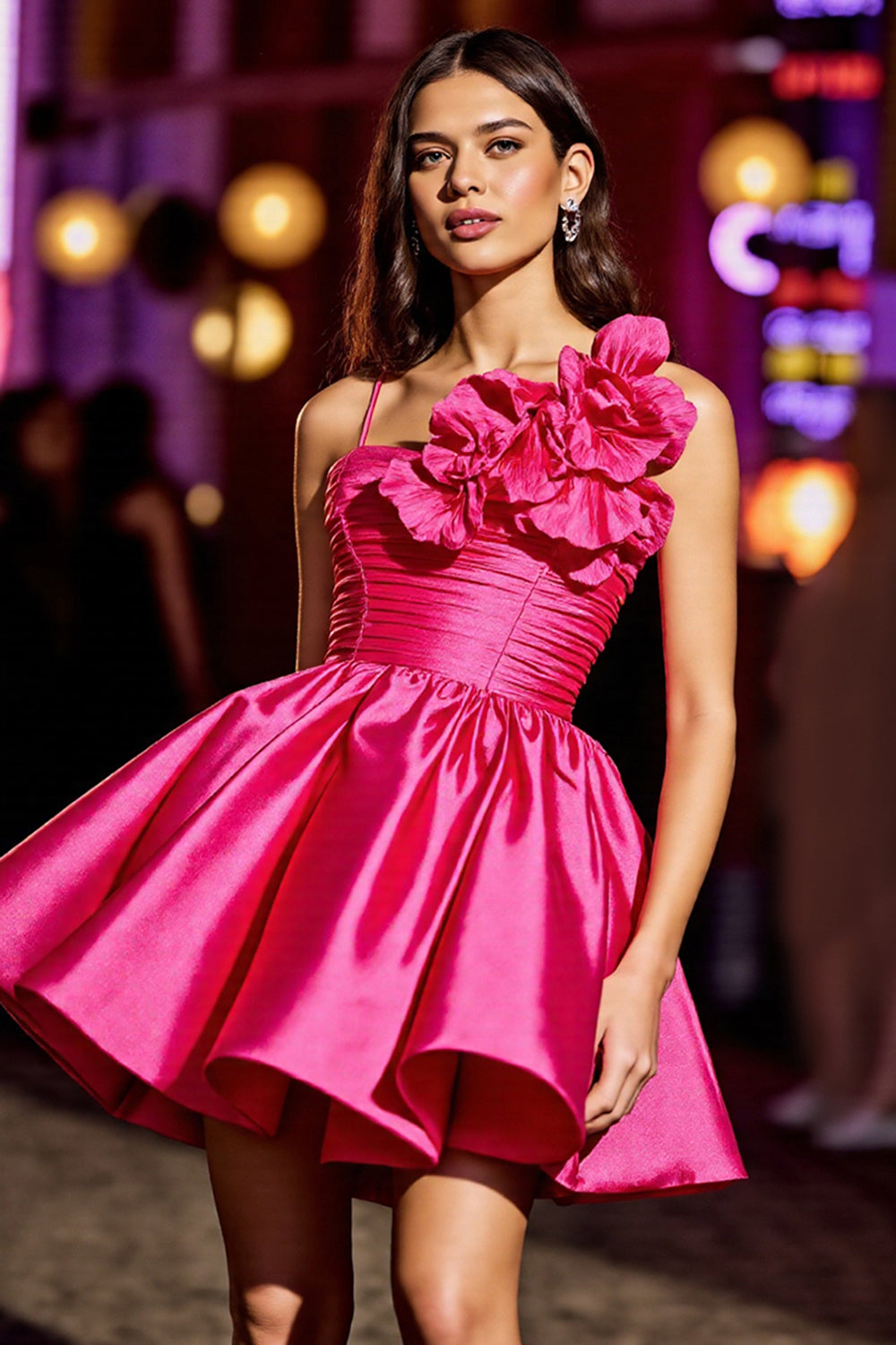 Fuchsia A Line Floral Satin Short Homecoming Dress with Ruffles