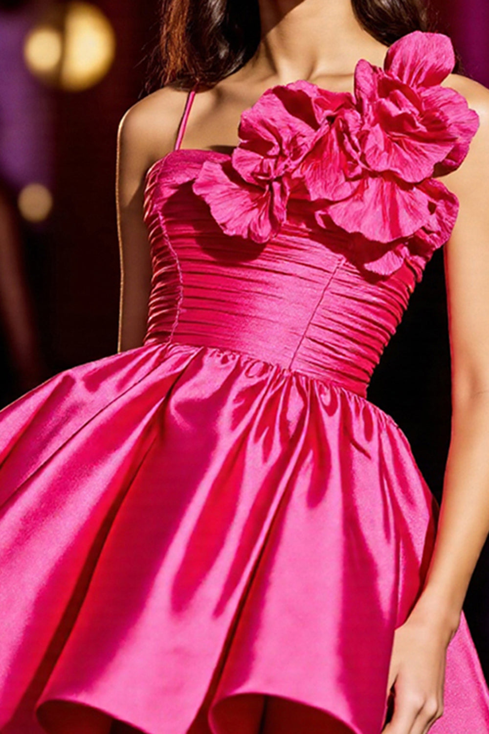 Fuchsia A Line Floral Satin Short Homecoming Dress with Ruffles