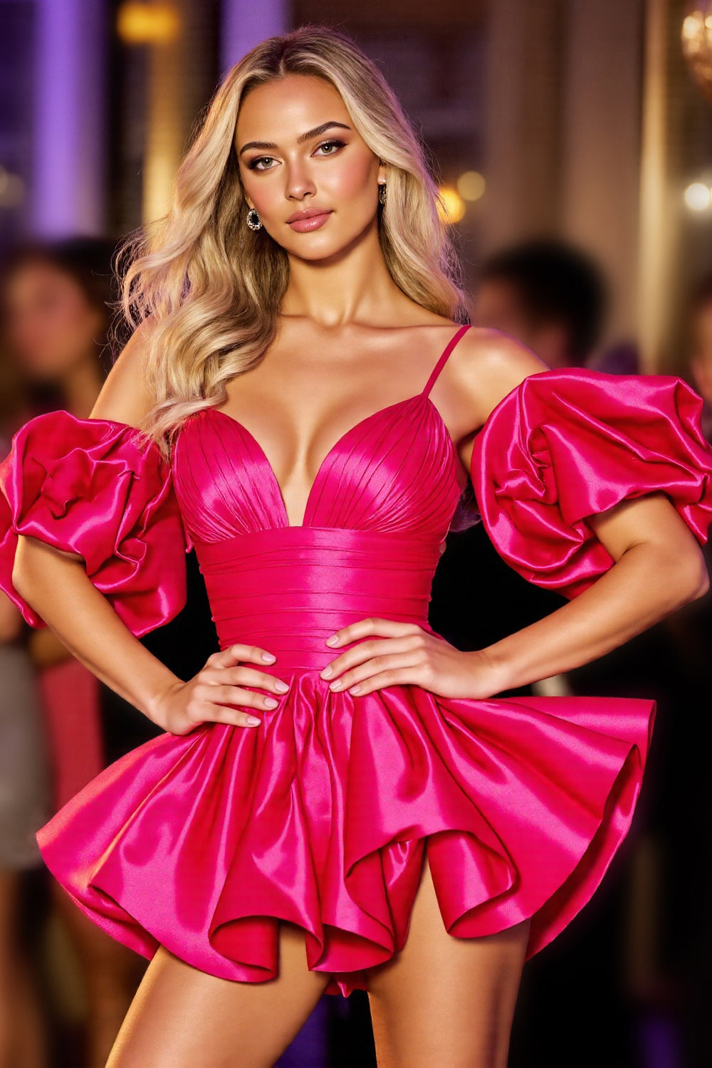 Fuchsia Cold Shoulder A Line Satin Short Homecoming Dress