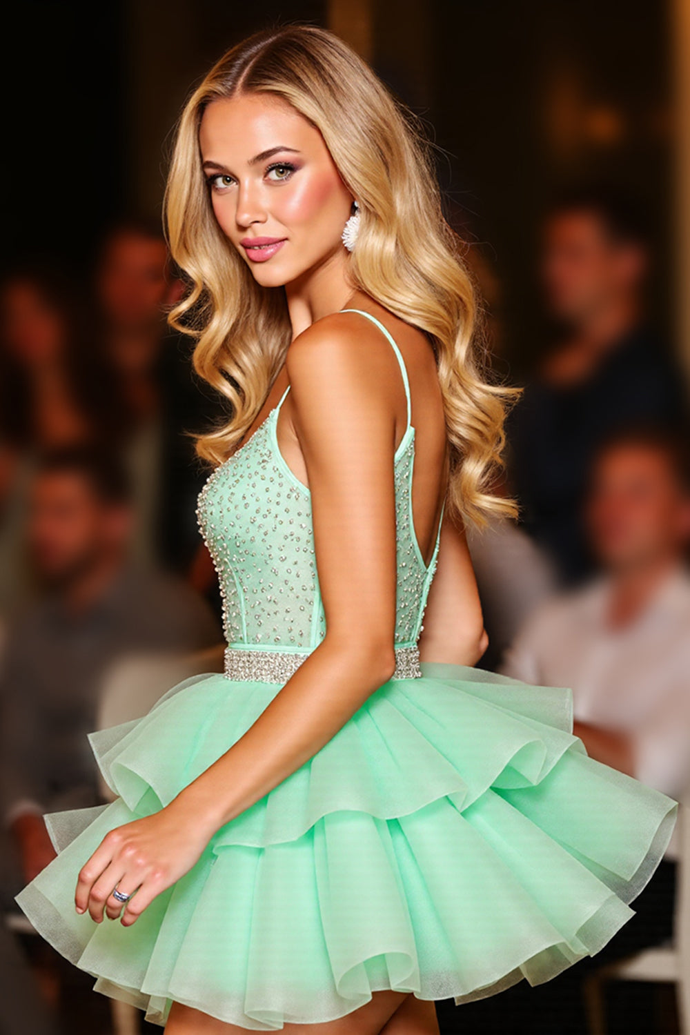 Sparkly Green A Line Short Tulle Homecoming Dress with Beading