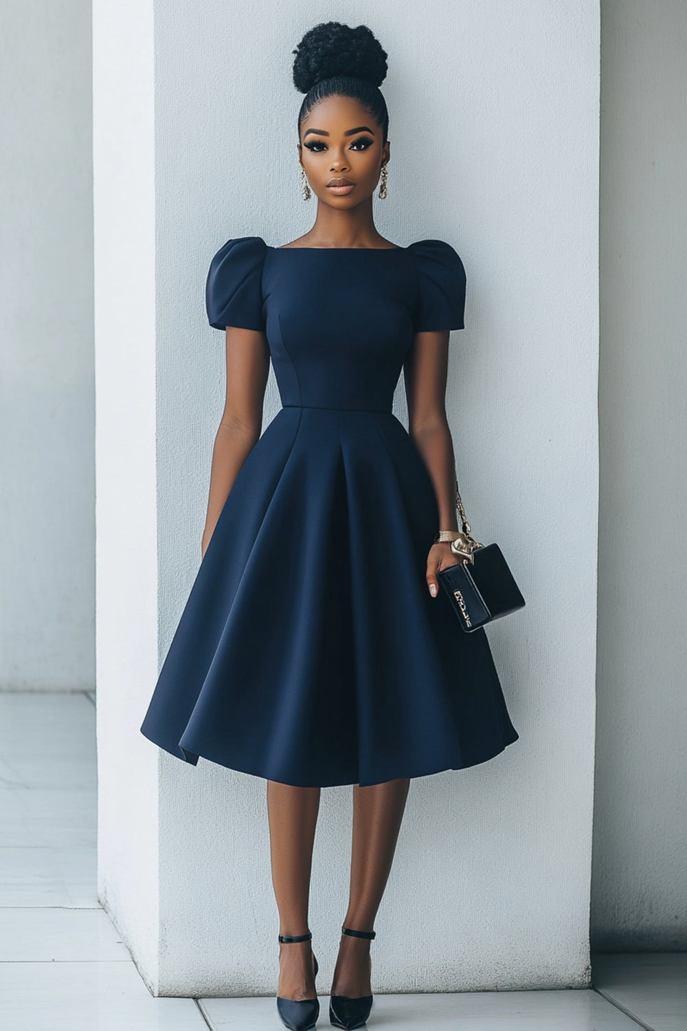 Navy A Line Satin Bateau Neck Midi Work Dress with Sleeves