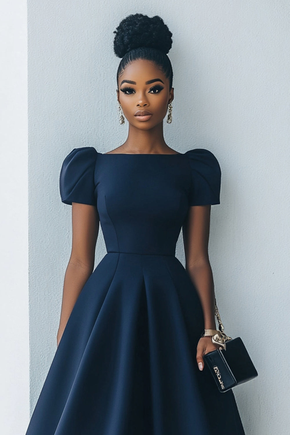 Navy A Line Satin Bateau Neck Midi Work Dress with Sleeves