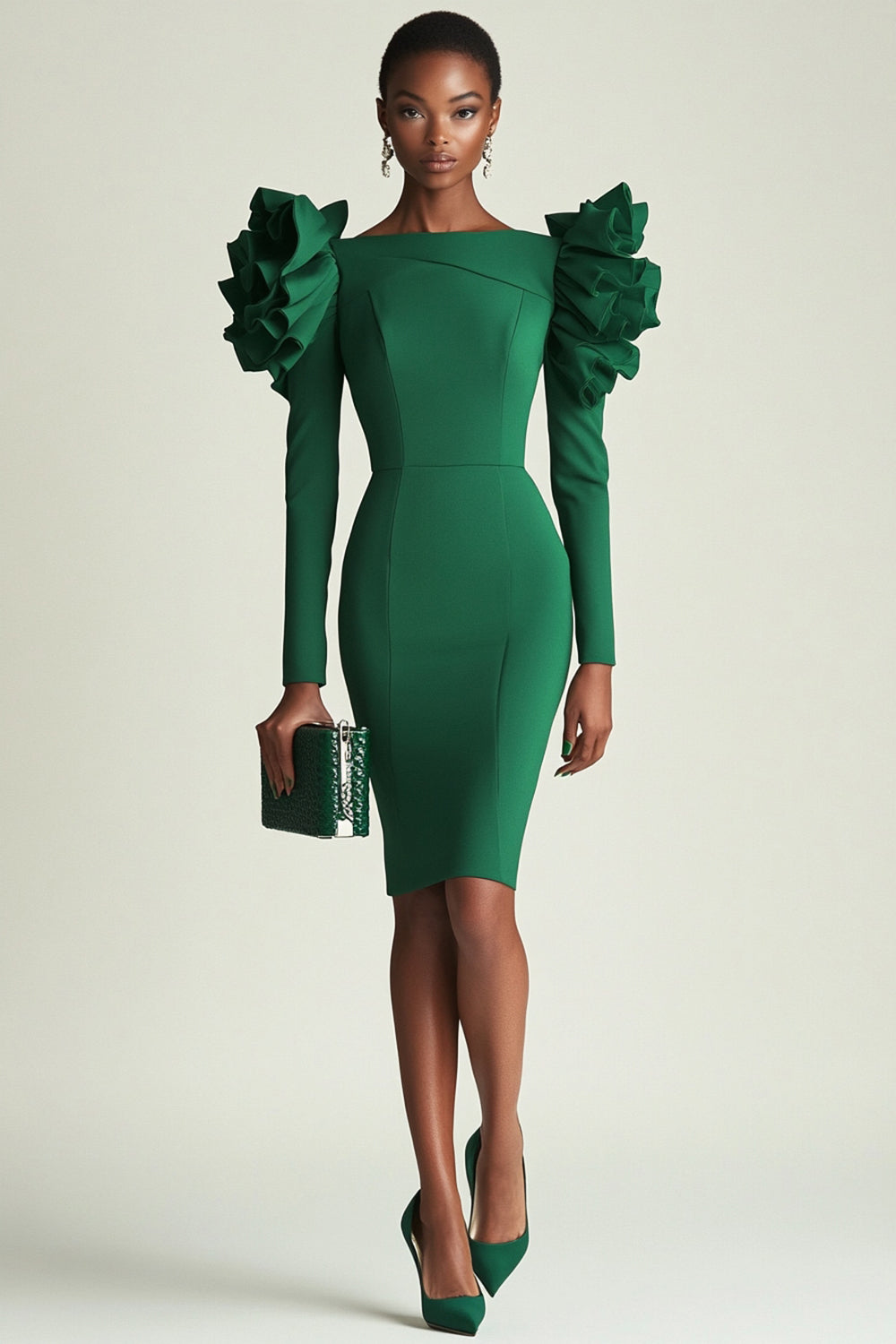 Dark Green Bodycon Satin Midi Work Dress with Ruffles
