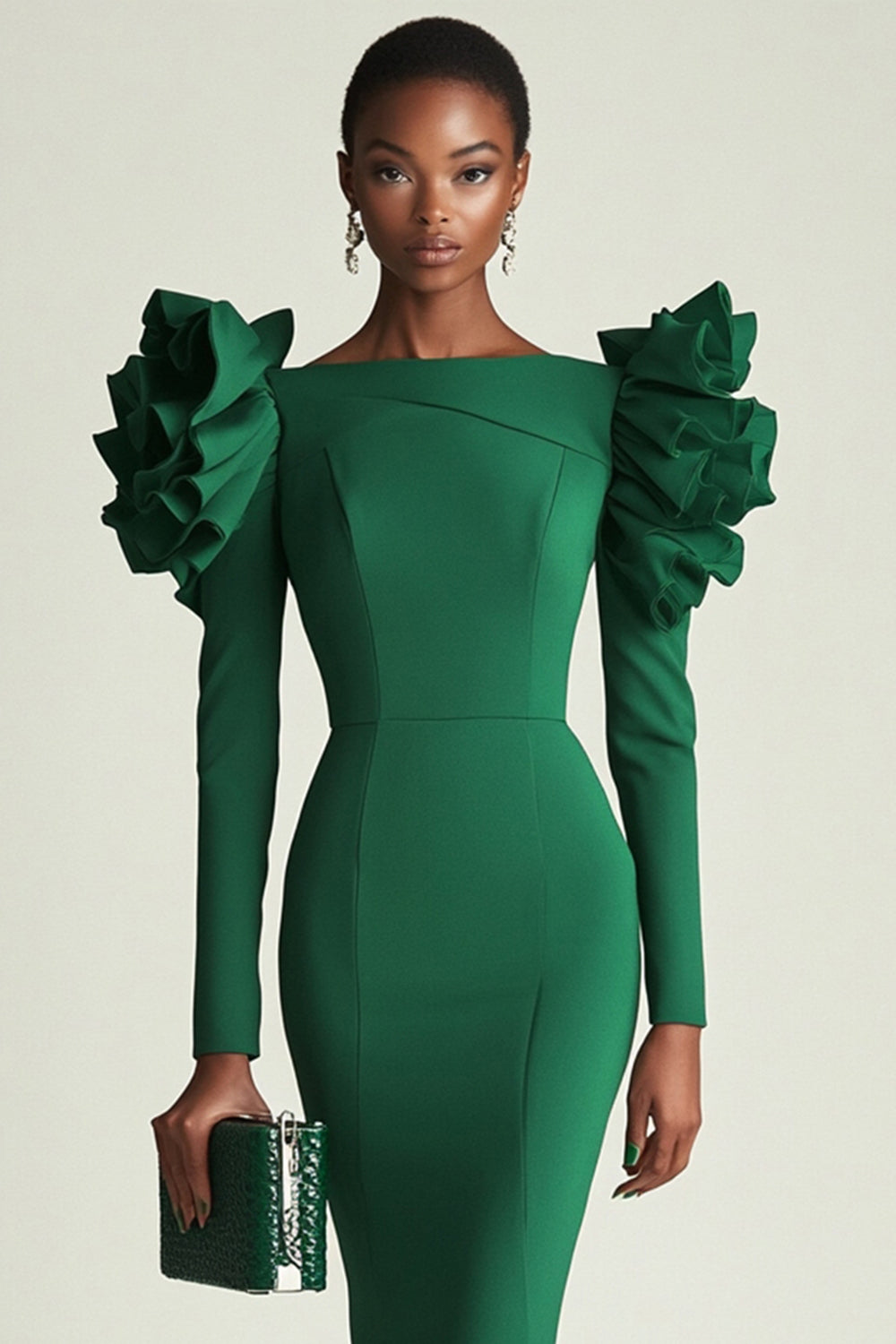 Dark Green Bodycon Satin Midi Work Dress with Ruffles