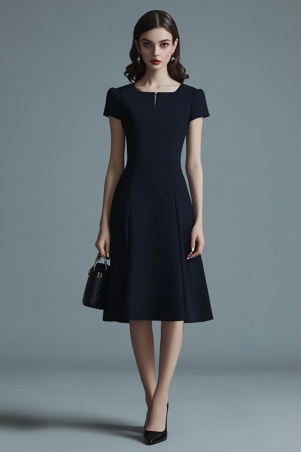 Navy Satin A Line Midi Work Dress with Short Sleeves