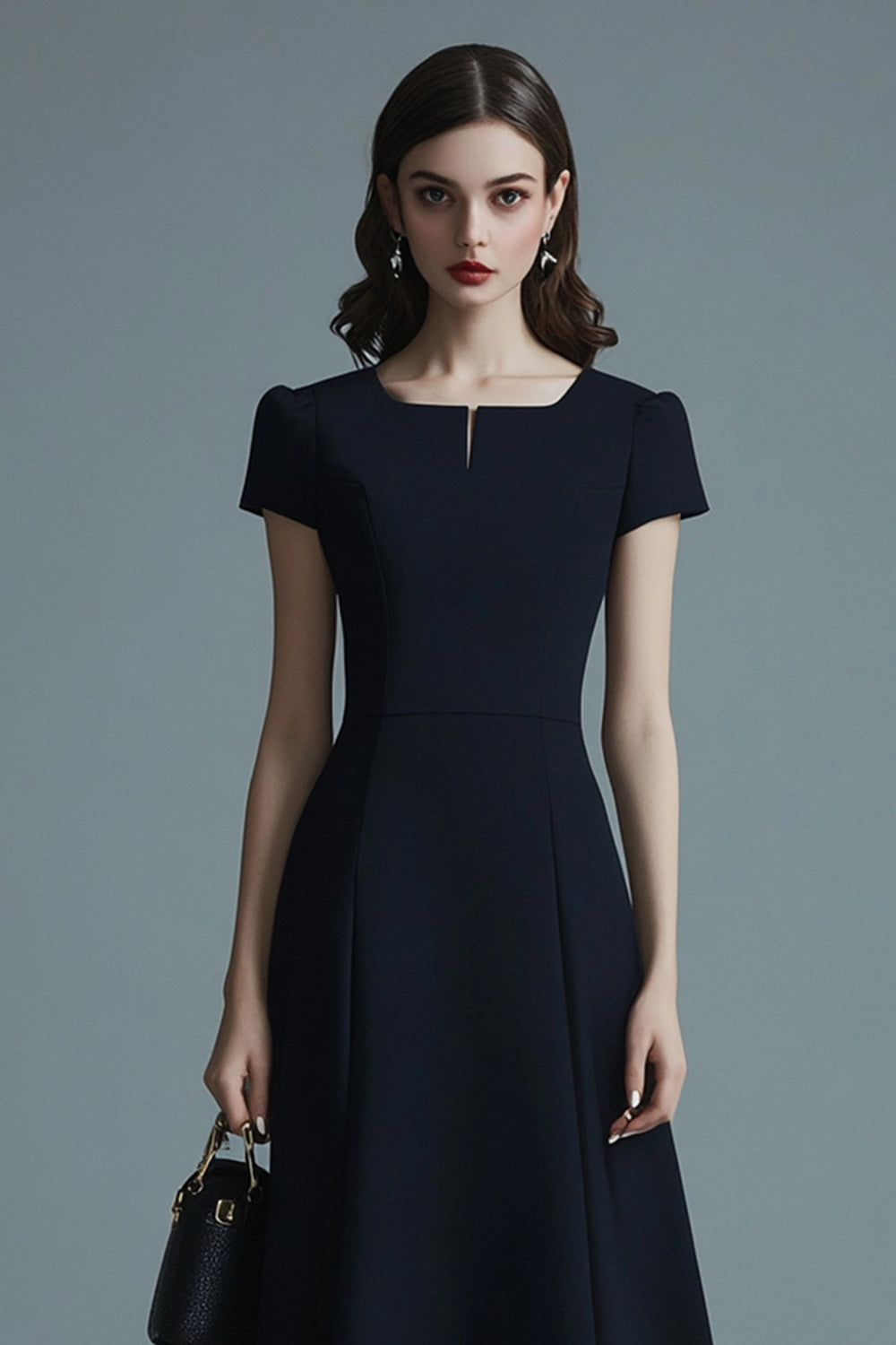 Navy Satin A Line Midi Work Dress with Short Sleeves