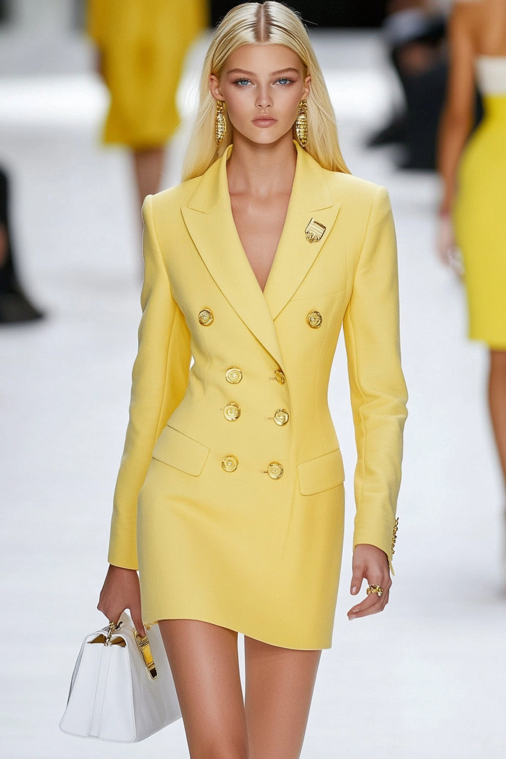 Yellow Bodycon Satin Peak Lapel Double Breasted Work Blazer Dress