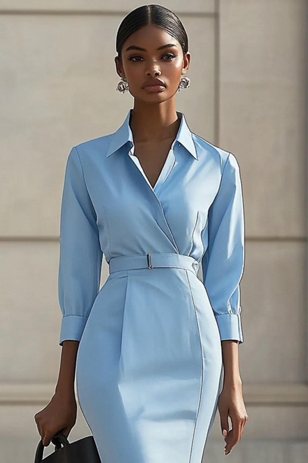 Sky Blue Bodycon Satin Collar Neck Long Sleeve Work Blazer Dress