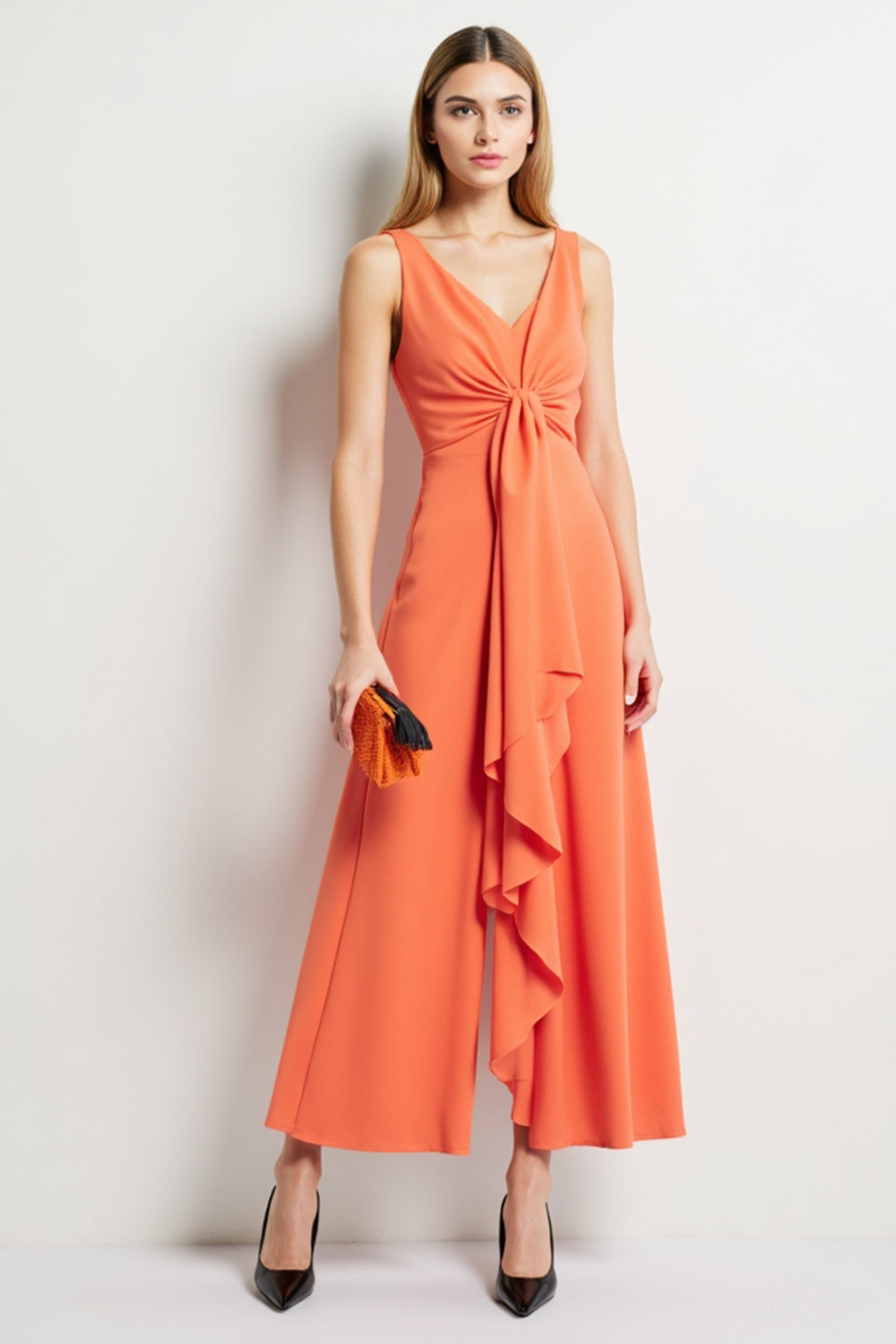 Orange V-Neck Satin Long Work Jumpsuits with Ruffles