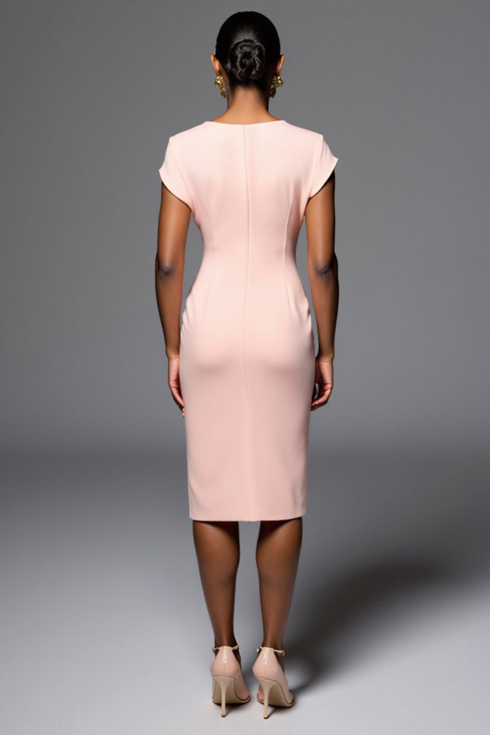 Light Pink Bodycon V-Neck Satin Short Work Dress with Ruffles