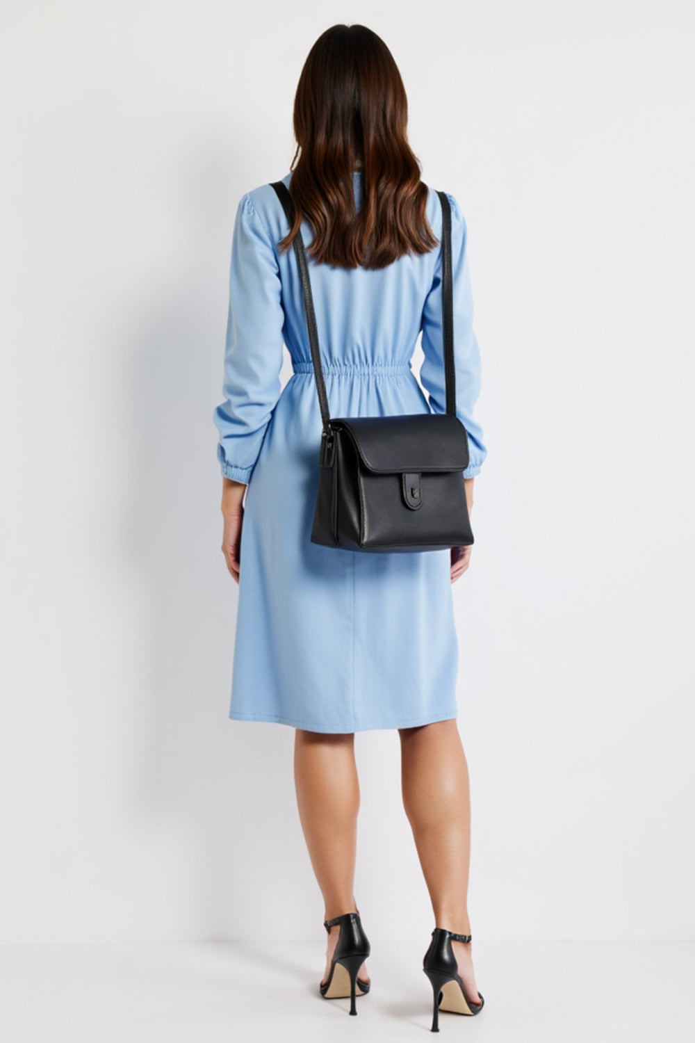 A Line Blue Collar Neck Long Sleeves Midi Work Shirt Dress with Slit
