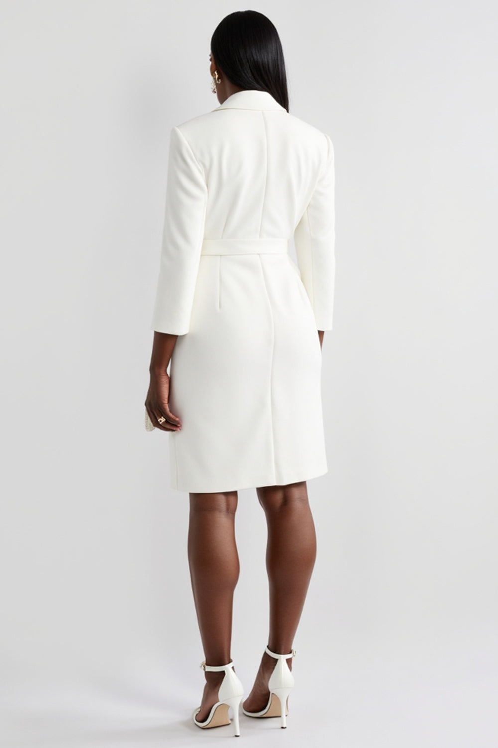 White Bodycon Peak Lapel Satin Short Work Blazer Dress with Sleeves