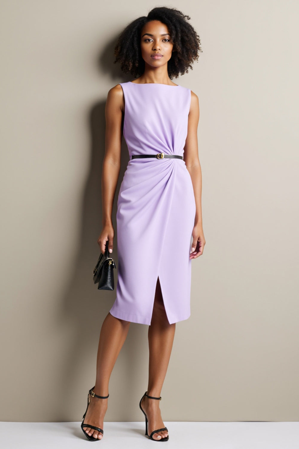 Purple Bodycon Satin Ruched Midi Work Dress with Slit