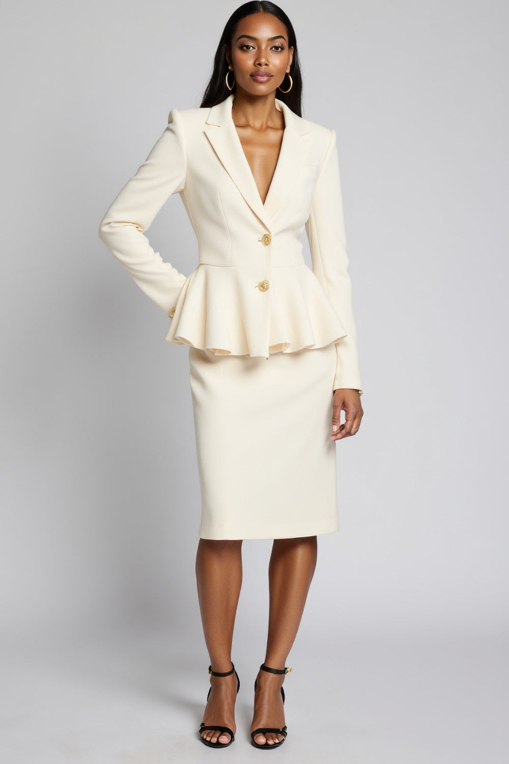 2 Piece Ivory Peak Lapel Bodycon Satin Midi Business Suits with Ruffles