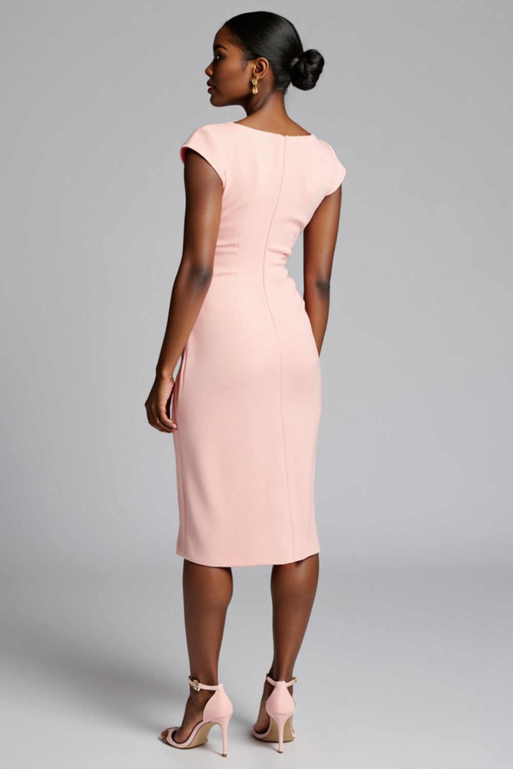 Blush Satin Bodycon V-Neck Midi Work Dress with Slit