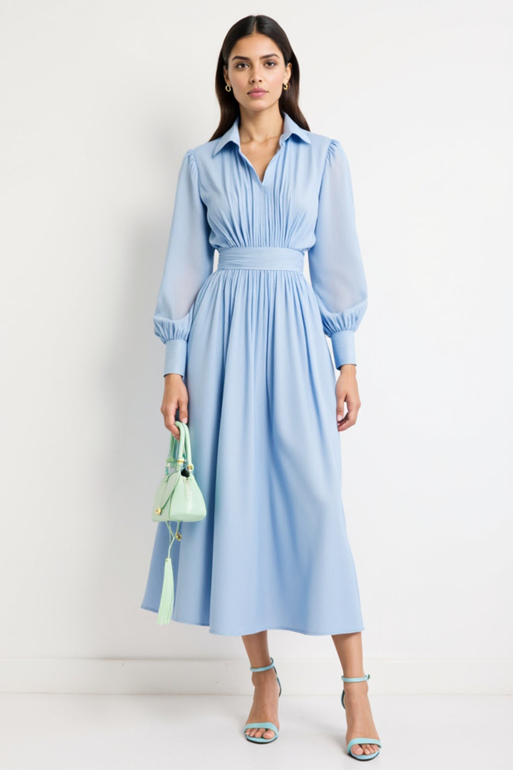 Blue Collar Neck A Line Long Sleeves Work Dress