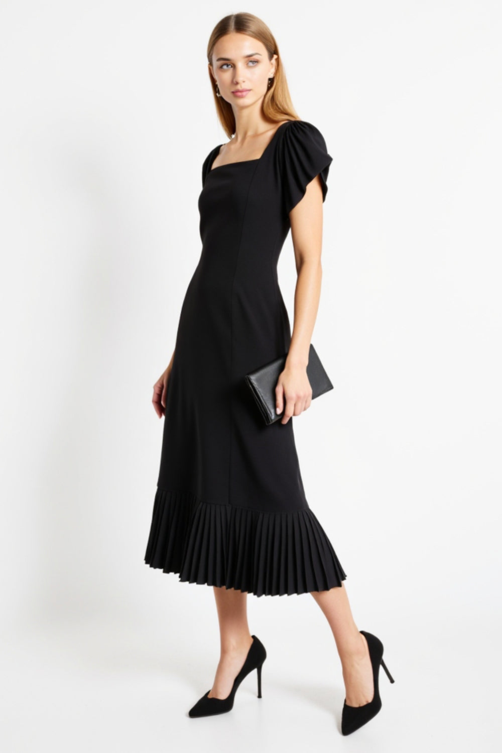 Simple Black A Line Cap Sleeves Satin Long Work Dress