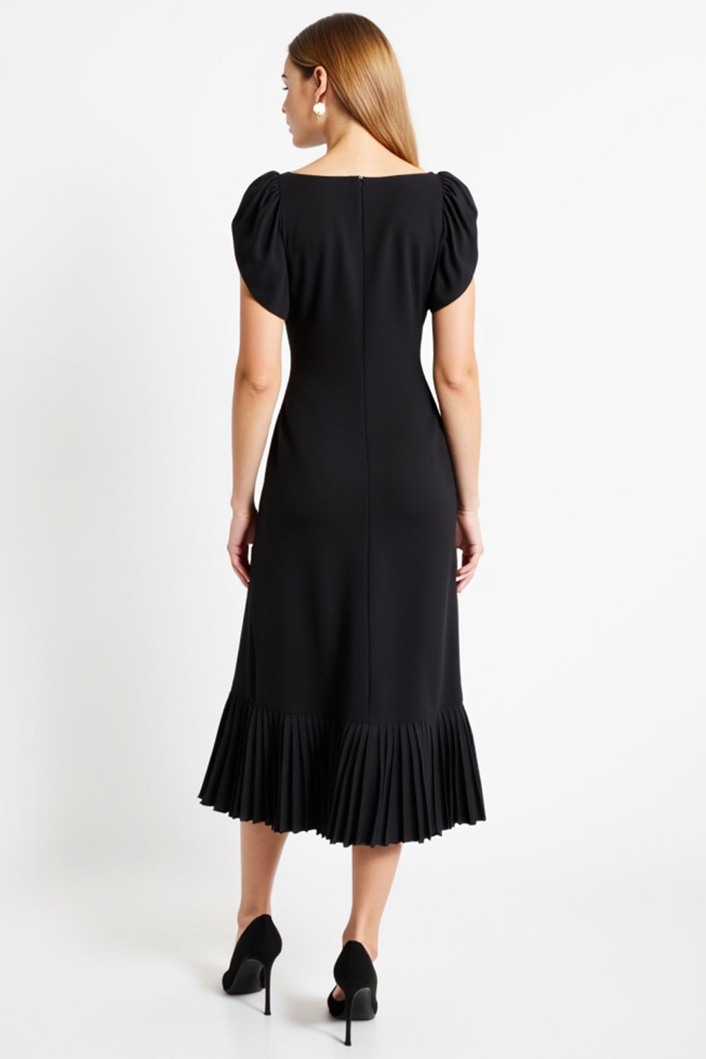 Simple Black A Line Cap Sleeves Satin Long Work Dress