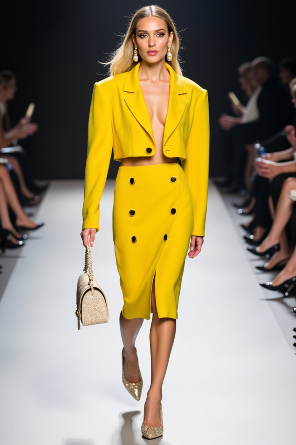 2 Piece Yellow Peak Lapel Bodycon Midi Business Suits with Slit