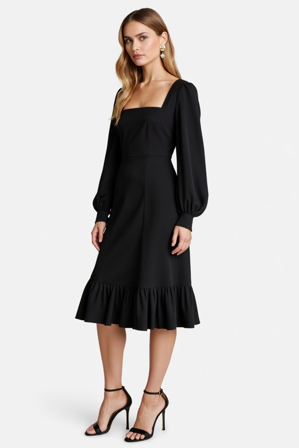 Black A Line Simple Satin Midi Work Dress with Long Sleeves