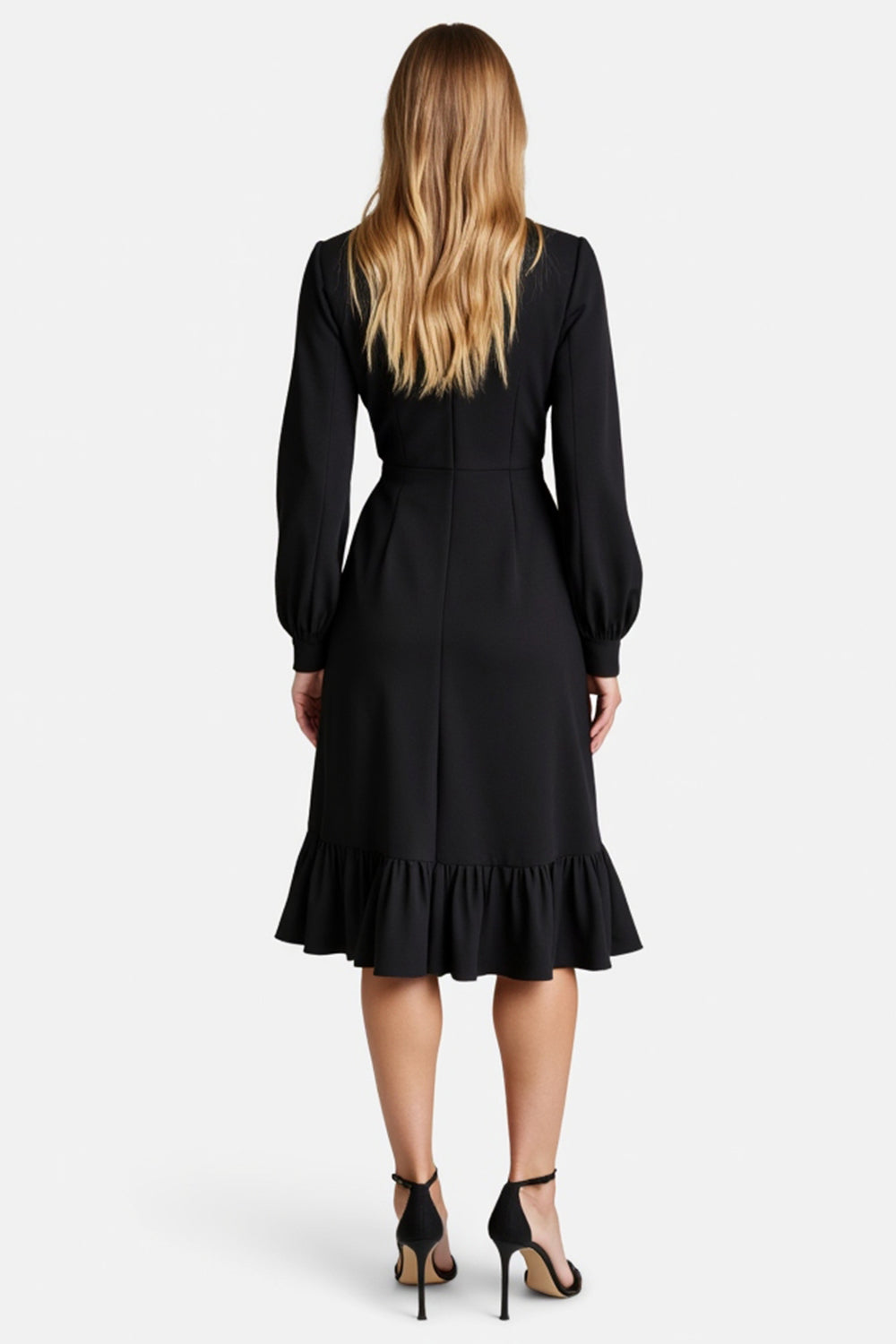Black A Line Simple Satin Midi Work Dress with Long Sleeves
