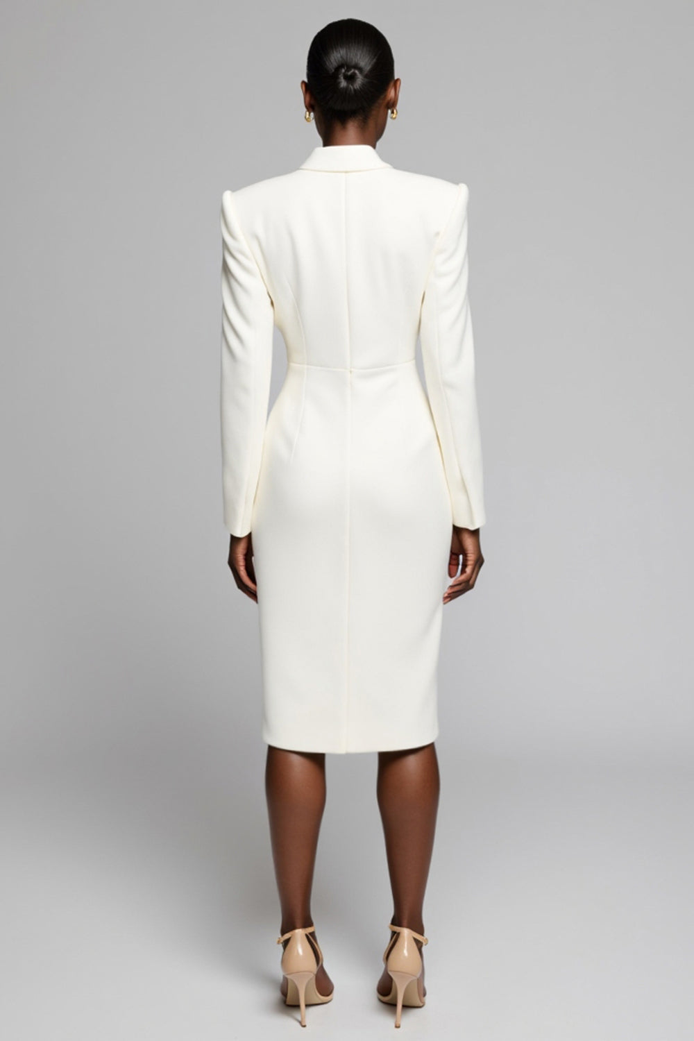 White Satin Peak Lapel Midi Work Blazer Dress with Slit