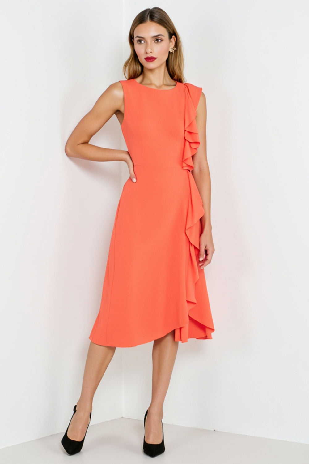 Orange Bodycon Sleeveless Midi Work Dress with Ruffles