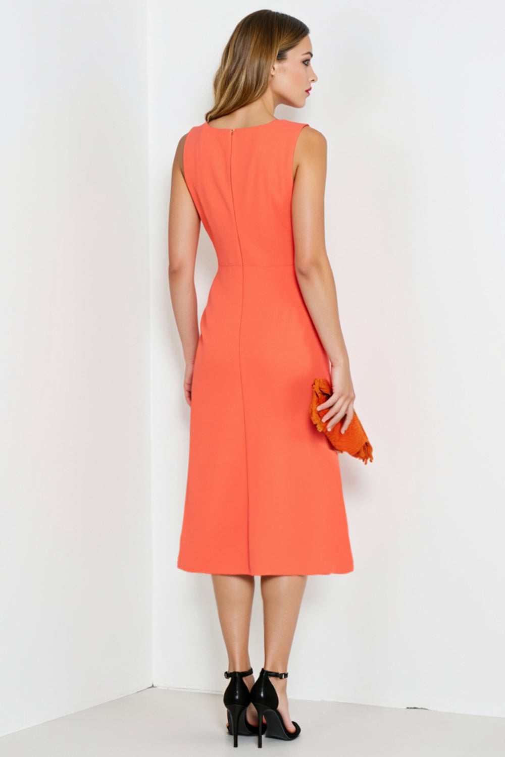 Orange Bodycon Sleeveless Midi Work Dress with Ruffles