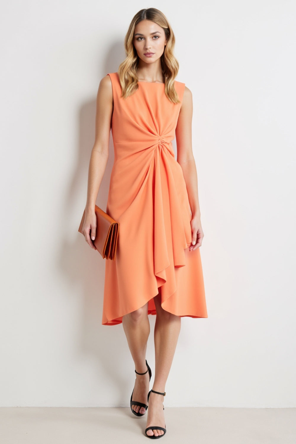 Orange Bodycon Ruched Midi Work Dress with Ruffles